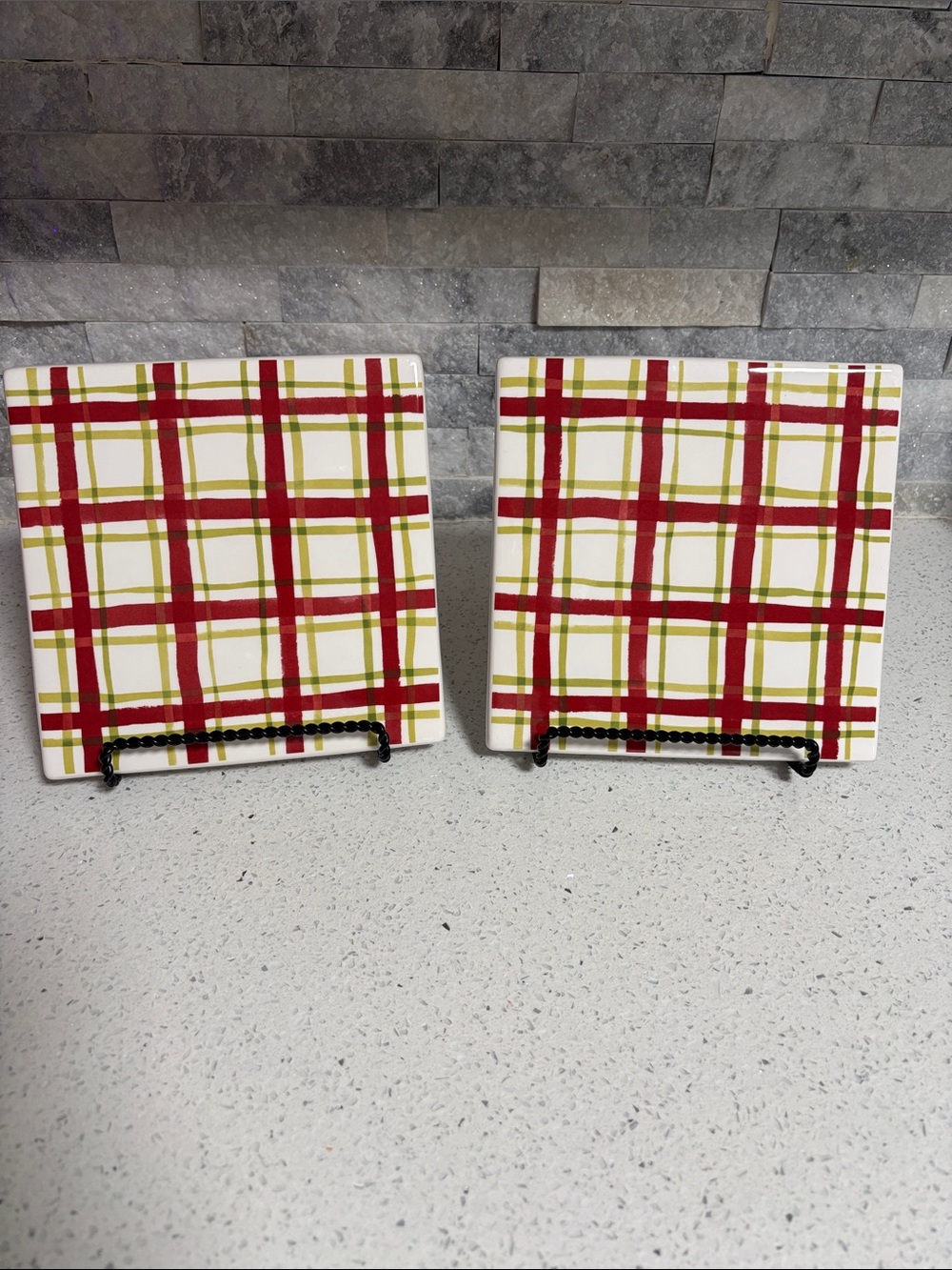 Crate & Barrel Plaid Ceramic Trivet Red White & Olive Green Set of 2 Holiday